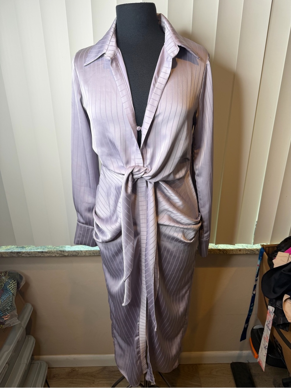 RIVIR Striped Lavender Long Sleeve Maxi Slip Dress Front Tie Size Medium
